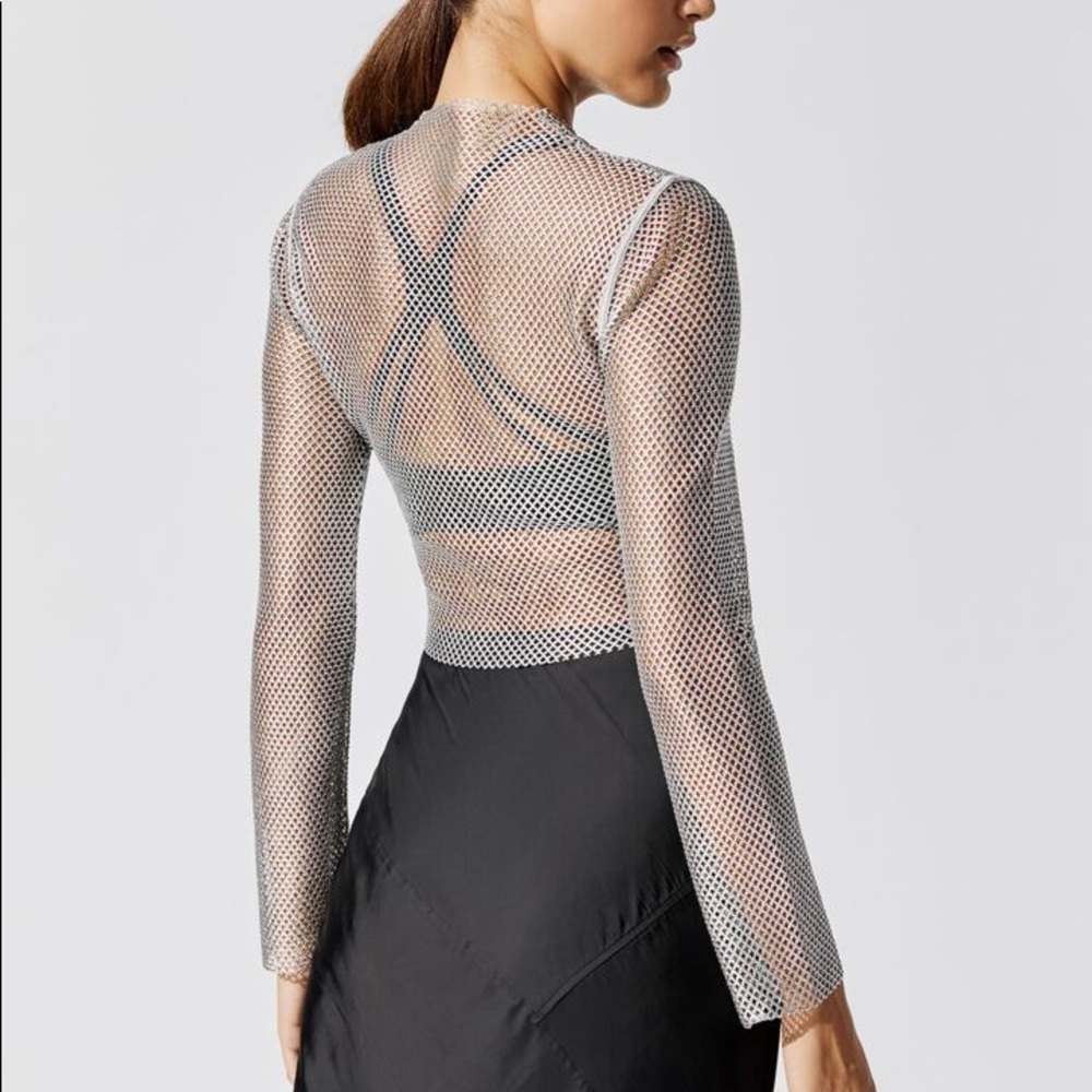 Carbon38 Mesh Long Sleeve Mock Neck Top Silver S